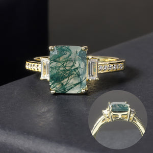 GEM&#39;S BALLET Unique 2.38Ct 7x9mm Octagon Cut Moss Agate There Stone Engagement Ring in 925 Sterling Silver Women&#39;s Ring