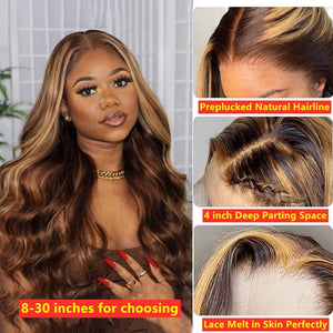 Highlight Wig Human Hair 30 Inch Body Wave Lace Front Wig Ombre Colored Wig Brazilian Brown T Part Honey Blonde Wigs for Women