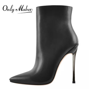 Onlymaker  Women  Ankel Boots Poited Toe Metal Thin High Heel Side Zipper Fashion Black Warm Winter Booties
