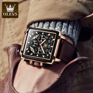 OLEVS Original Watch for Men Top Brand Luxury Hollow Square Sport Watch Fashion Leather Strap Waterproof Quartz Wristwatch 9919
