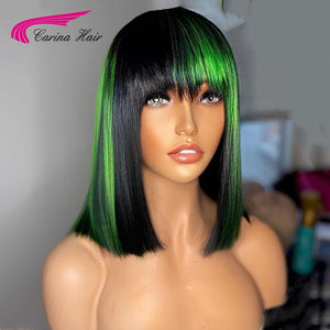 Green Colored Brazilian Straight Bob Wig with Bangs Remy Human Hair Wigs For Women Glueless Machine Made Wigs for Women