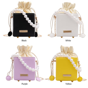 Fashion Square Box Crossbody Bags Women PU Leather Pearl Chain Mini Shoulder Purse Drawstring Female Sling Messenger Totes Bag