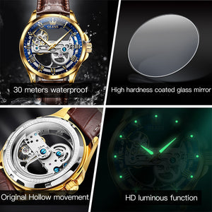 OLEVS Luxury Men Watches Automatic Mechanical Wristwatch Skeleton Design Waterproof Leather Strap Male