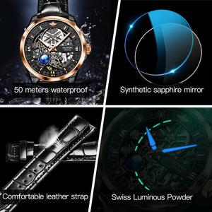 OUPINKE New Men&#39;s Automatic Mechanical Watch Skeleton Design 50M Waterproof Sapphire Mirror Leather Strap Male Watches