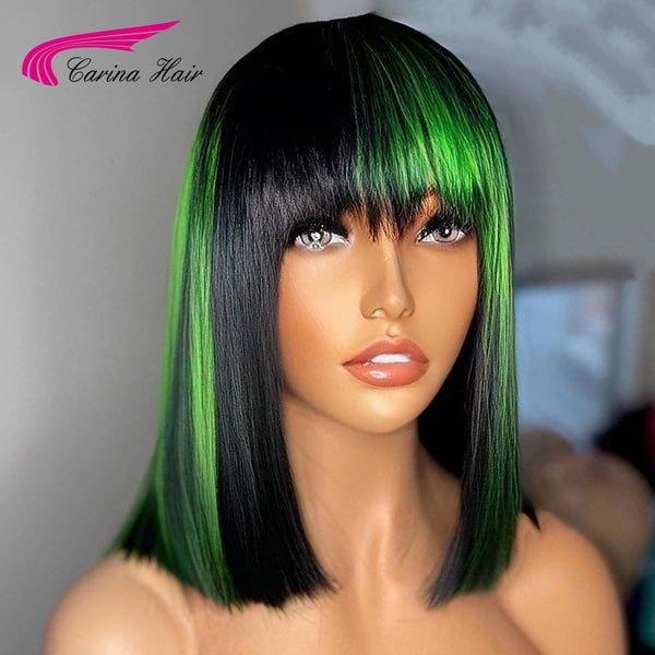 Green Colored Brazilian Straight Bob Wig with Bangs Remy Human Hair Wigs For Women Glueless Machine Made Wigs for Women