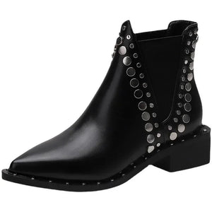 High Quality Women Shoes Leather Short Boots Women Pointed Chunky Heel Boots Fashion Rivet Ankle Boots Female Platform Heel 2024
