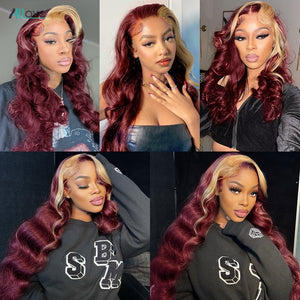 Allove 99J Burgundy Colored Human Hair Wigs 13x4 HD Lace Frontal Wig Highlight 613 Blonde Body Wave Lace Front Wig For Women