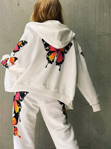 Butterfly Print Tracksuit Women Two Piece Pants Sets Spring Autumn Clothes Zipper Hooded Top Pants Suit Casual Wamen Set Outfits