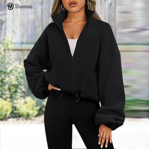 Shunmaii Stand Collar Fleece Coat Zipper Women Long Sleeve Coat Fashion Jacket Casual Style Drop Shoulder Vacation Outfit