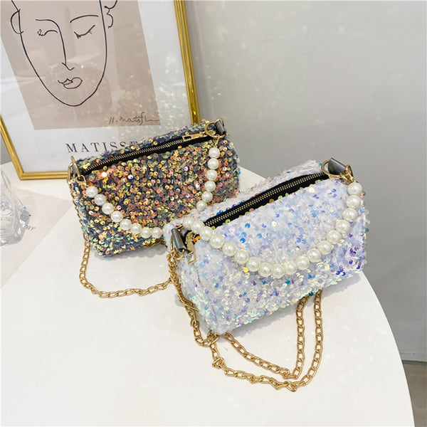 Fashion Women Pearl Sequins Cylinder Bags Chain Handbag Solid Color Crossbody Tote for Women Shopping Travel