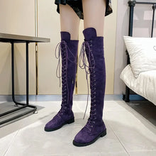 Load image into Gallery viewer, Casual Women&#39;s Boots Low Heels Flock Winter Over Knee Boots for Woman 2021 Lace Up Fashion Female Thigh High Boots2021