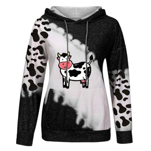 Hooded Sweatshirt Vintage Cute Cow Printed Oversize Female Long Sleeve Drawstring Casual Loose Hoodies Pullover Girl Streetwear