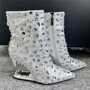 Fashion Women Pointed Toe Ankle Boots for Woman Luxury Strange Heels Rhinestone Zipper-Sid Botas Mujer 2024 Party Nightclub Shoe
