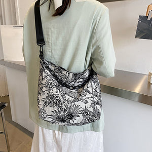 Retro Casual Canvas Bag Embroidery Chain Messenger Women Large Capacity Handbags Daily Reusable Armpit Travel Shopping Bags