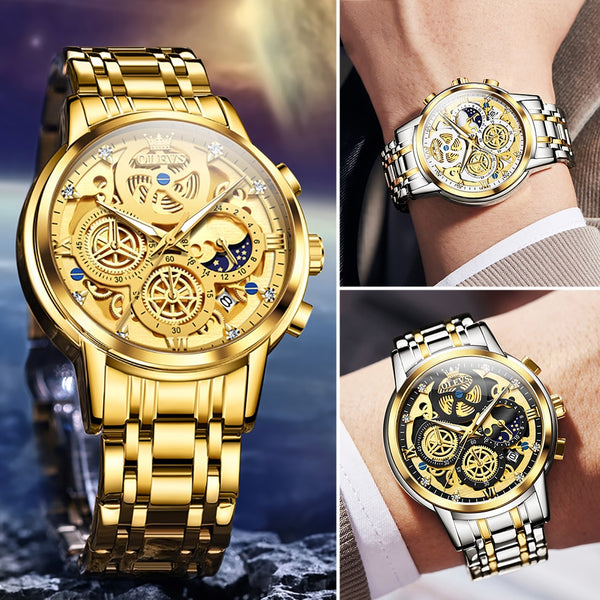 OLEVS Men&#39;s Watches Top Brand Luxury Original Waterproof Quartz Watch for Man Gold Skeleton Style 24 Hour Day Night New