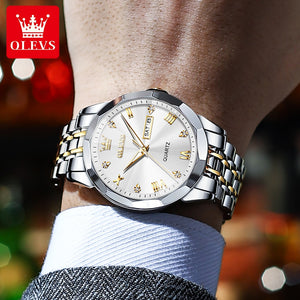 OLEVS Men&#39;s Watches Rhombus Mirror Original Quartz Watch for Man Waterproof Luminous Stainless Steel Wristwatch Male Date Week
