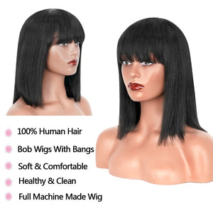 Straight Bob Human Hair Wigs With Bang Full Machine Made Wigs Brazilian Remy Human Hair Bob Wigs For Black Woman 10 12 inch