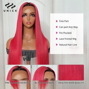 Unice Pink Color Bone Straight Human Hair Wigs 180 Density 13x4 Transparent Lace Frontal Wig For Women Pre Plucked Free Shipping