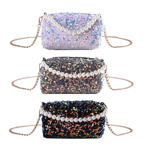 Fashion Women Pearl Sequins Cylinder Bags Chain Handbag Solid Color Crossbody Tote for Women Shopping Travel