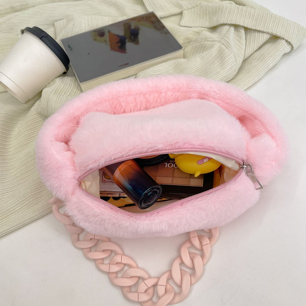 Pink Plush Shoulder Bag Faux Fur Cute Chain Luxury Designer Handbag Female Fashion Bag Antumn Winter Trend Tote Purse For Women