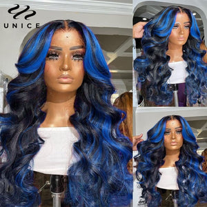 Unice Hair 13X4 Frontal Lace Wig Black With Blue Stripe Body Wave Hair Lace Front Wig Human Hair Streak Highlight Wig for Women