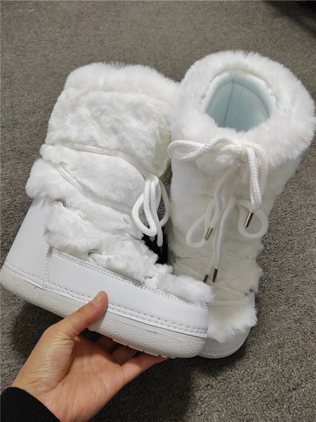 2024 Winter Snow Boots Women White Fur Boots Woman Luxury Thick Fluffy Furry Faux Rabbit Fur Lace-up Waterproof Warm Ski Boots