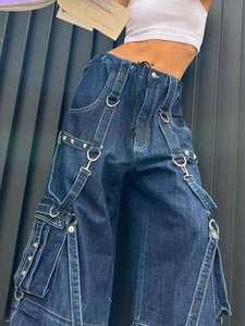 y2k Bandage Cargo Jeans Punk Metal Blue Baggy Streetwear Pants Women Korean Grunge Aesthetic Jeans Stylish Vintage 90s
