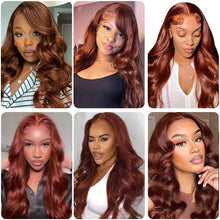 Load image into Gallery viewer, 33# Auburn Body Wave Lace Front Wig 13x4 Red Brown Colored Human Hair Wig Pre Plucked For Women Transparent Lace Frontal Wigs