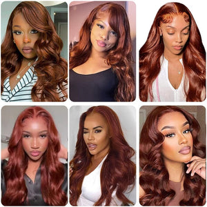 33# Auburn Body Wave Lace Front Wig 13x4 Red Brown Colored Human Hair Wig Pre Plucked For Women Transparent Lace Frontal Wigs