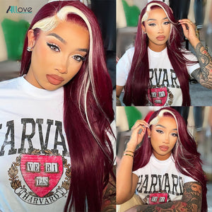 Allove 99J Burgundy Colored Human Hair Wigs 13x4 HD Lace Frontal Wig Highlight 613 Blonde Body Wave Lace Front Wig For Women