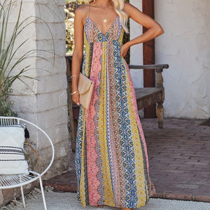 Swing Beach Maxi Dress Slim Fit Floral Printed Long Dress Boho Style Backless Maxi Dress A Line Simple Fashion Holidays Vacation