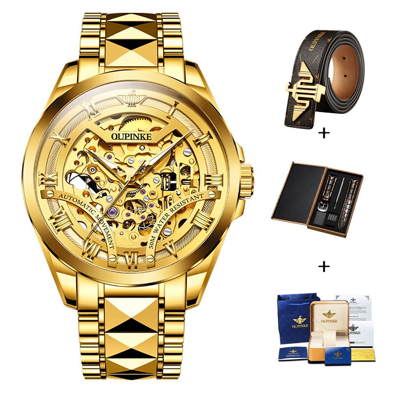 OUPINKE Genuine Men Watch Gold Business Luxury Top Brand Waterproof Luminous Sapphire Mirror Automatic Mechanical Watch For Men