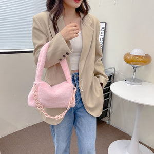 Pink Plush Shoulder Bag Faux Fur Cute Chain Luxury Designer Handbag Female Fashion Bag Antumn Winter Trend Tote Purse For Women