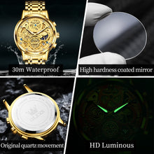 Load image into Gallery viewer, OLEVS Men&#39;s Watches Top Brand Luxury Original Waterproof Quartz Watch for Man Gold Skeleton Style 24 Hour Day Night New