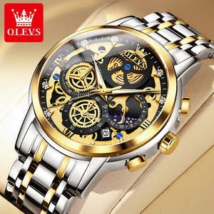 OLEVS Men&#39;s Watches Top Brand Luxury Original Waterproof Quartz Watch for Man Gold Skeleton Style 24 Hour Day Night New