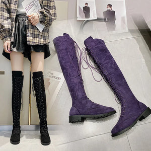 Casual Women's Boots Low Heels Flock Winter Over Knee Boots for Woman 2021 Lace Up Fashion Female Thigh High Boots2021