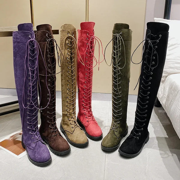 Casual Women's Boots Low Heels Flock Winter Over Knee Boots for Woman 2021 Lace Up Fashion Female Thigh High Boots2021