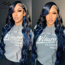Load image into Gallery viewer, Unice Hair 13X4 Frontal Lace Wig Black With Blue Stripe Body Wave Hair Lace Front Wig Human Hair Streak Highlight Wig for Women