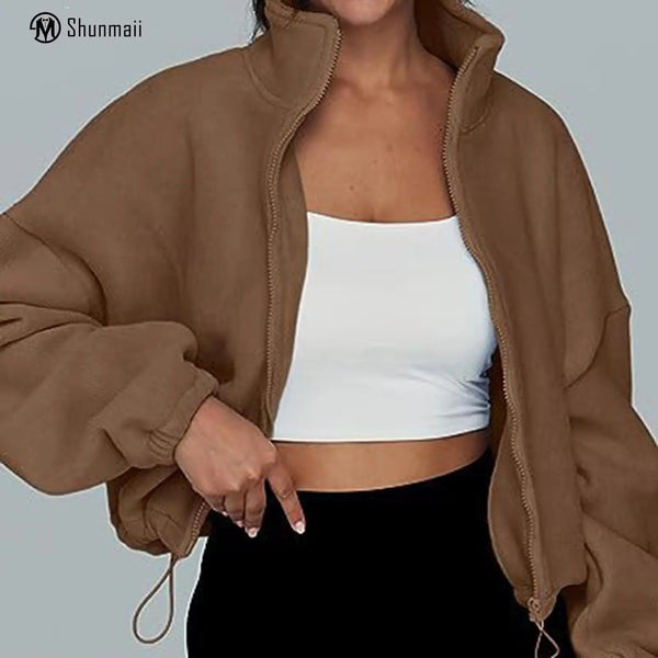 Shunmaii Stand Collar Fleece Coat Zipper Women Long Sleeve Coat Fashion Jacket Casual Style Drop Shoulder Vacation Outfit