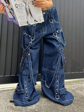 Load image into Gallery viewer, y2k Bandage Cargo Jeans Punk Metal Blue Baggy Streetwear Pants Women Korean Grunge Aesthetic Jeans Stylish Vintage 90s