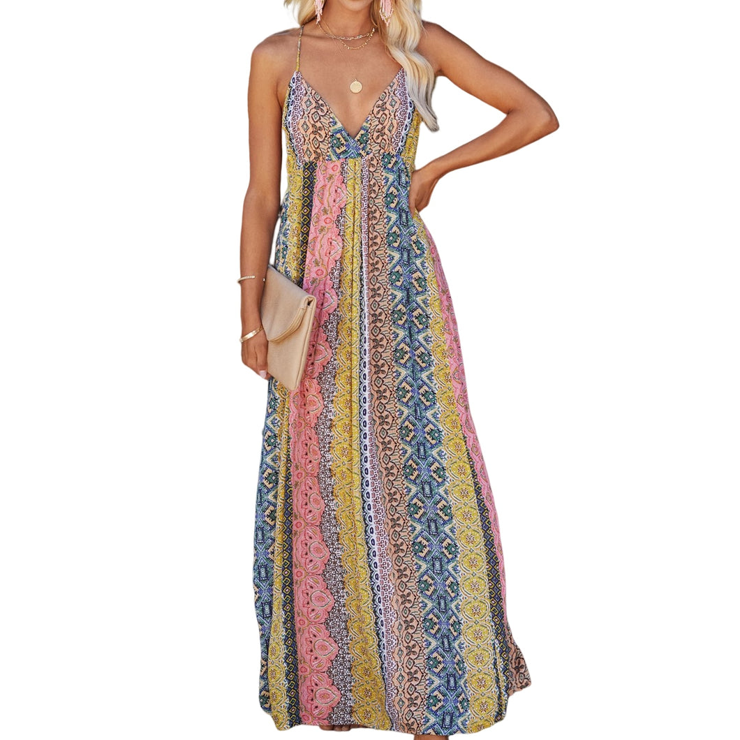 Swing Beach Maxi Dress Slim Fit Floral Printed Long Dress Boho Style Backless Maxi Dress A Line Simple Fashion Holidays Vacation