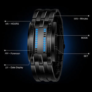 Luxury Lovers&#39; Wristwatch Waterproof Men Women Stainless Steel Blue Binary Luminous LED Electronic Display Sport Watches Fashion