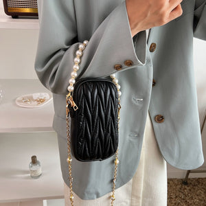 Luxury Brand Design Pearl Chain Mini Shoulder Bag Quilting Women PU Leather Rhombus Pattern Phone Pouch Female Tote Purse Wallet