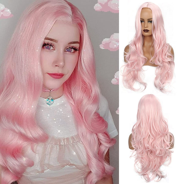 Synthetic Long Curly Hair Mid-centred Powdery White Long Curly Hair  Real Natural Comfortable And Silk Wig Cosplay Wig