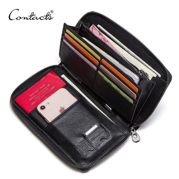 CONTACT'S 2022 Genuine Leather Men Clutch for 6.5"Cell Phone Long Wallet Passport Holders With Zipper Coin Pocket Male Purse