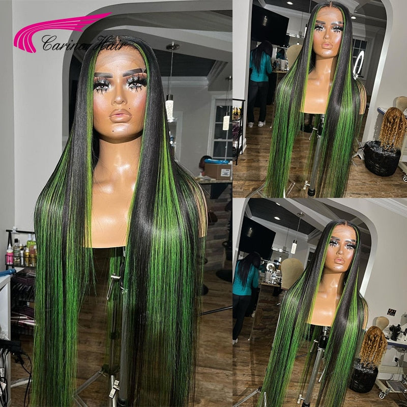 Colored Green Black Straight Lace Frontal Wigs for Women Brazilian Remy Hair 13x4 HumanHair Wig Pre Plucked For Women Human Hair