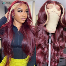 Load image into Gallery viewer, Allove 99J Burgundy Colored Human Hair Wigs 13x4 HD Lace Frontal Wig Highlight 613 Blonde Body Wave Lace Front Wig For Women