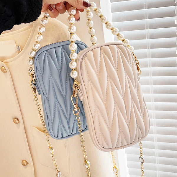 Luxury Brand Design Pearl Chain Mini Shoulder Bag Quilting Women PU Leather Rhombus Pattern Phone Pouch Female Tote Purse Wallet