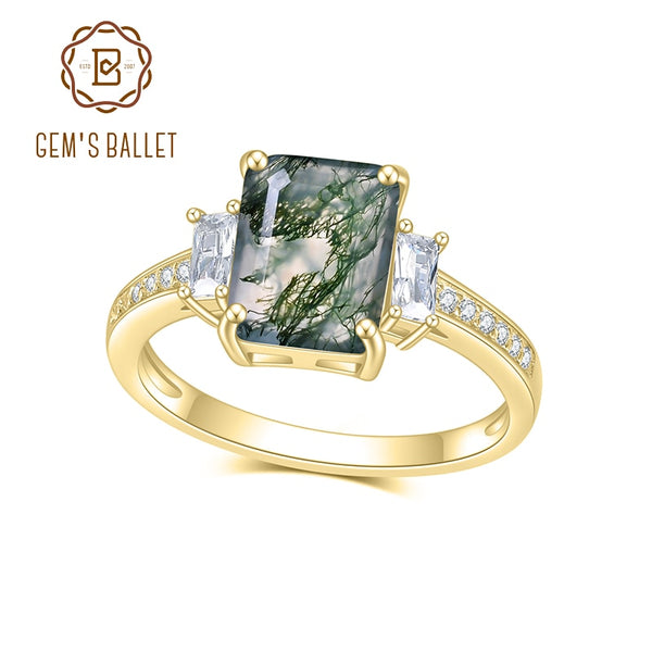 GEM'S BALLET Unique 2.38Ct 7x9mm Octagon Cut Moss Agate There Stone Engagement Ring in 925 Sterling Silver Women's Ring