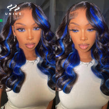 Load image into Gallery viewer, Unice Hair 13X4 Frontal Lace Wig Black With Blue Stripe Body Wave Hair Lace Front Wig Human Hair Streak Highlight Wig for Women